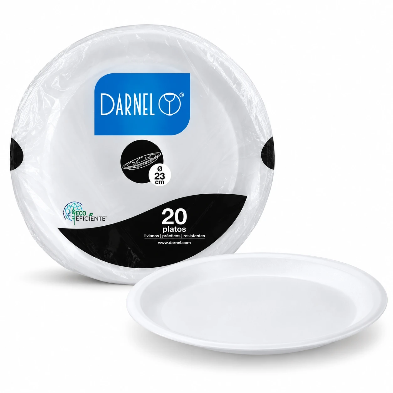 Plato espuma descartable Darnel blanco, 23 cm x 20 unidades.