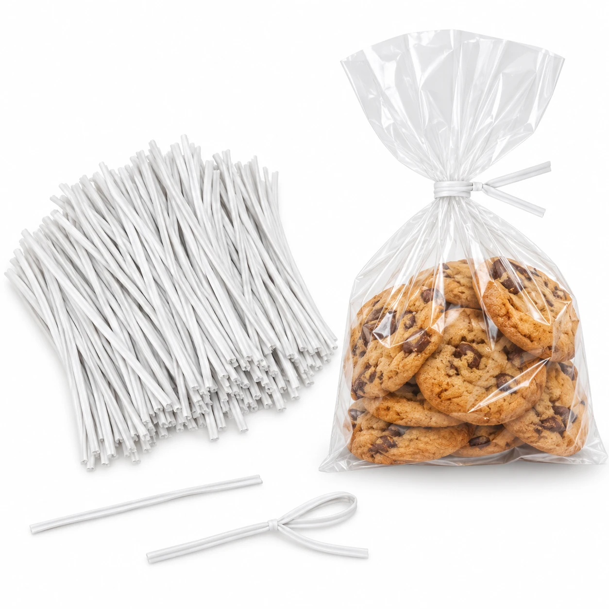 Alambres plastificados blancos para cerrar bolsas, tipo precinto/twist tie.